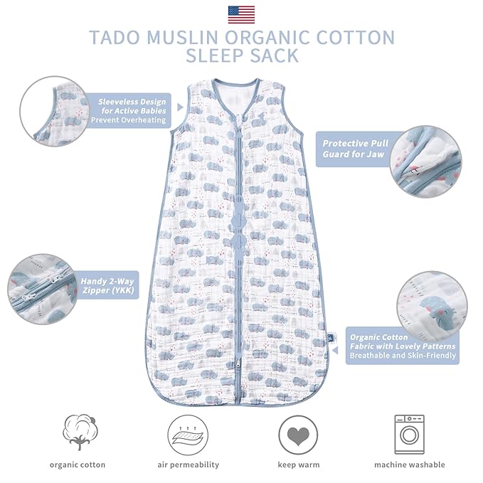 Baby Sleep Sack 12-24 M Baby Wearable Blanket 100% Organic Cotton 0.5 TOG Toddler Sleep Sack 2-Way Zipper Soft Large 4 Layers Muslin 1-2 T Rhino