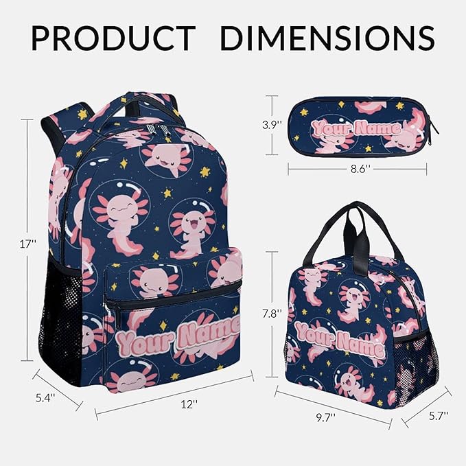 COZYAURA Custom Kids Backpack for Girls - Large Capacity School Bags with Lunch Bag Pencil Pouch Set - Cute Axolotl Bookbag for Elementary Middle School & Travel - Kid School Supplies