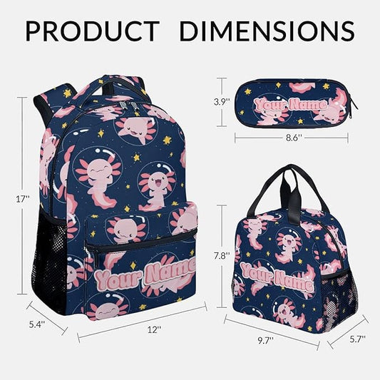 COZYAURA Custom Kids Backpack for Girls - Large Capacity School Bags with Lunch Bag Pencil Pouch Set - Cute Axolotl Bookbag for Elementary Middle School & Travel - Kid School Supplies
