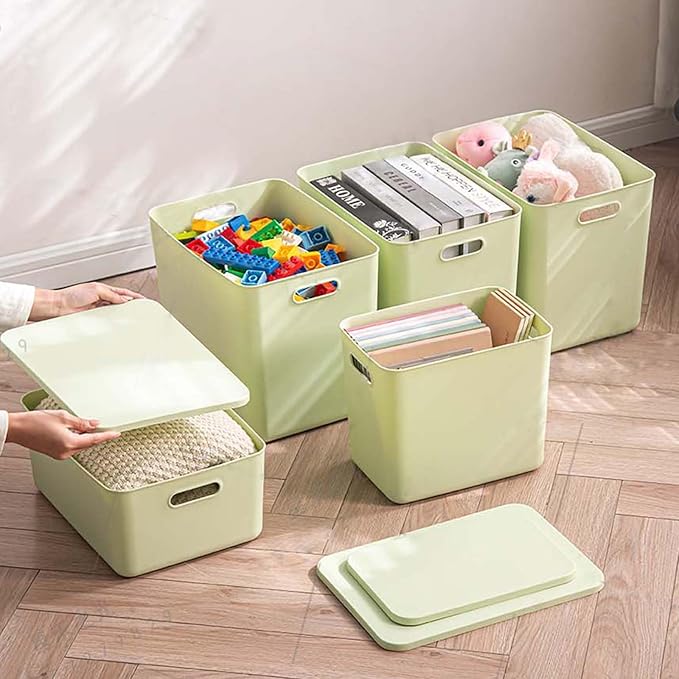 Gaoaodeyu 5 pack large plastic White storage bins Baskets, Toy Box Chest with Lids and Handle，Organizer Containers for Baby，Kids,snacks,Nursery，Shelves，Playroom, Bedroom，Office,Closet，home