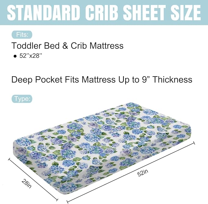Blue Hydrangea Floral Baby Crib Sheets 52''x28'' Watercolor Flowers Painting Snug Fitted Crib Mattress Cover for Boy Girl Wild Floral Soft Nursery Bed Sheets for Standard Crib and Toddler Mattress