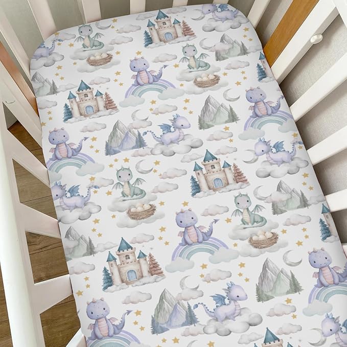 Purple Baby Dragons Crib Sheets for Boy Girl Fairytale Dragon Castle Trees Moon Rainbow Soft Stretchy Fitted Crib Mattress Cover for 52''x28'' Standard Crib & Toddler Mattress Fantasy Animal Bed Sheet