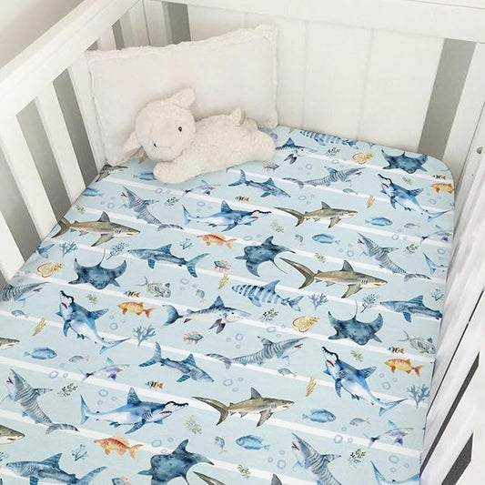 Blue Sharks Baby Crib Sheets 52''x28'' Sea Animals Sharks Stripes Snug Fitted Crib Mattress Cover for Boy Girl Ocean Fishes Corals Nautical Life Baby Bed Sheet for Standard Crib and Toddler Mattress
