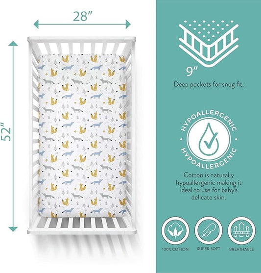Featherhead™ 2-Pack Fitted Crib Sheets - 100% Cotton - 52" x 28" x 9" for Standard Crib and Toddler Mattress (Jersey Blue Foxes)