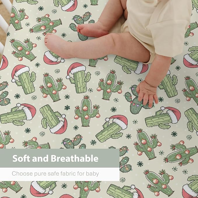 Christmas Cactus Santa Hat Baby Crib Sheets for Boy Girl 52x28Inch Green Cactus Balls Snowflakes Soft Snug Fitted Crib Mattress Cover West Desert Plant Baby Sheet for Standard Crib & Toddler Mattress