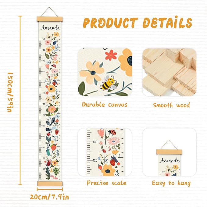 Woodemon Personalized Name Growth Chart for Kids, Flower Canvas Height Chart Ruler Removable Hanging Wall Ruler Measurement Chart for Home Decoration, Waterproof Measuring Board, Foldable