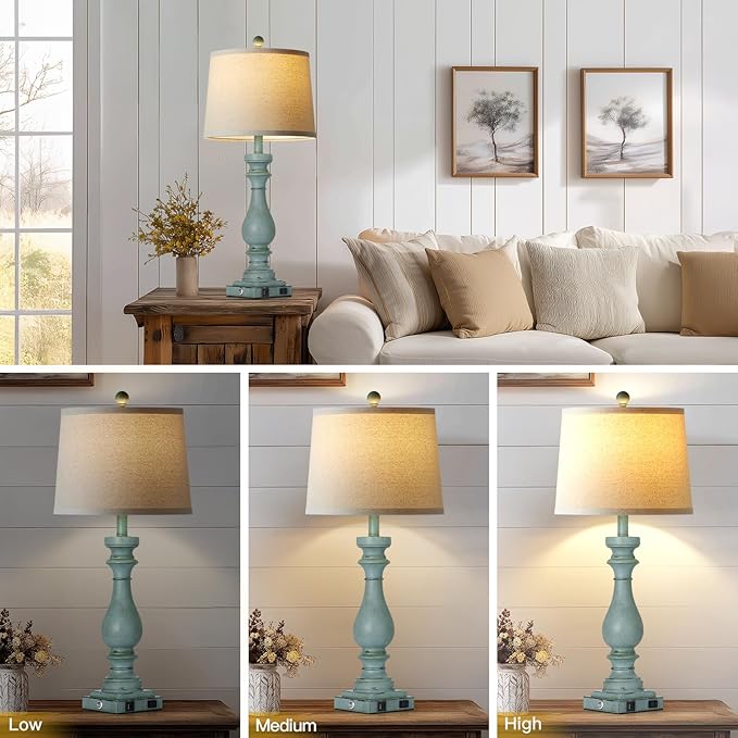 luxeflow 29" Tall Coastal Table Lamps Set of 2,Retro Blue Bedside Lamps with USB C+A Ports & AC Outlet,3-Way Dimmable Touch Lamp for Night Stands Living Room Bedroom,Blue