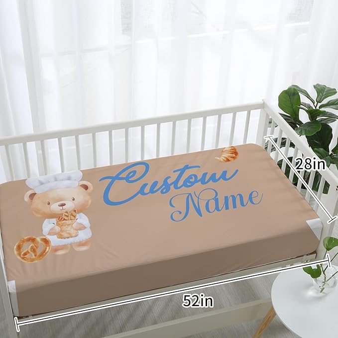 Personalized Crib Bedding Set, Custom Name Baby Bedding 5-Pcs Set - Soft Blanket Fitted Sheet Changing Pad Cover Nursery Rug and Wall Art, Cute Bread Bear Theme Nursery Decor for Newborn Boys Girls