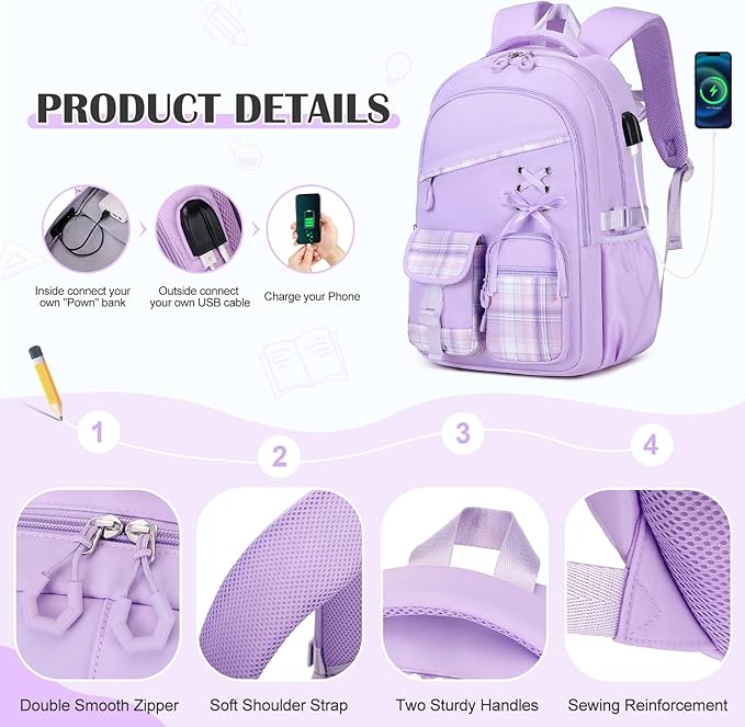 DIGOBAY Backpack for Girls - 3PCS Girls Backpack with Lunch Box & Pencil Pouch Plaid School Backpacks for Elementary Middle High College School Bookbag for Teen Girl Kids Students Purple