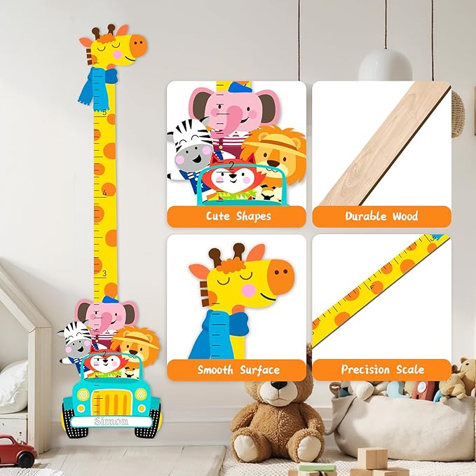 Woodemon Personalized Name Wooden Growth Chart for Wall, Animal Travel Wood Baby Height Growth Chart Wall Kids Room Nursery Wall Decor
