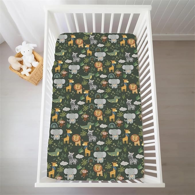 Jungle Safari Animals Baby Crib Sheets for Boy Girl Elephant Lion Zebra Giraffe Leaves Soft Snug Fitted Crib Mattress Covers for 52''x28'' Standard Crib & Toddler Mattress Pad Wild African Bed Sheets