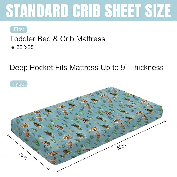 Cute Sea Otters Baby Crib Sheet - 52''x28'' Animal Snug Fitted Crib Mattress Cover for Boy & Girl - Watercolor Otters Pond Painting Soft Baby Bed Sheets for Standard Crib and Toddler Mattresses