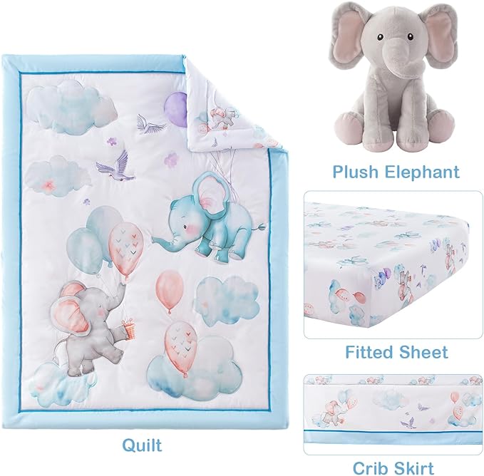 4 Pieces Crib Bedding Set for Baby Boys Girls, Infant Toddler Nursery Baby Bedding Sets Includes Cartoon Quilt, Fitted Crib Sheet, Crib Skirt and Plush Elephant Toy