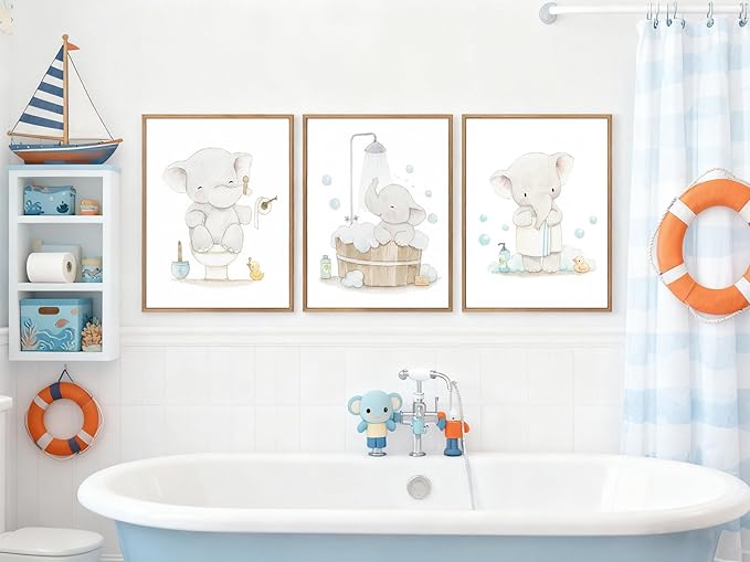 Framed. Set of three prints for bathrooms. An elephant in my bathroom wall art. Canvas Print. Funny kids Bathroom home decor. 12x16 inch.