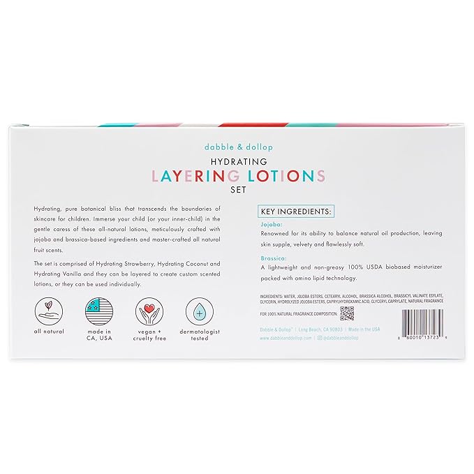 Dabble & Dollop Layering Lotion Set, Hydrating Strawberry, Coconut and Vanilla Scented Lotions for Kids, All-Natural, pDermatologist Tested, Vegan & Cruelty-Free (Set of 3)