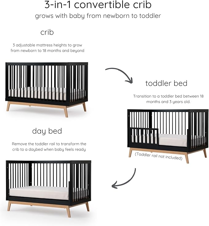 dadada Baby Soho 3-in-1 Convertible Wooden Crib to Toddler Bed - Made in Italy, GREENGUARD Gold Certified, Baby-Safe Finish, Handcrafted Beechwood, Modern Design, 3 Adjustable Heights (Black/Natural)
