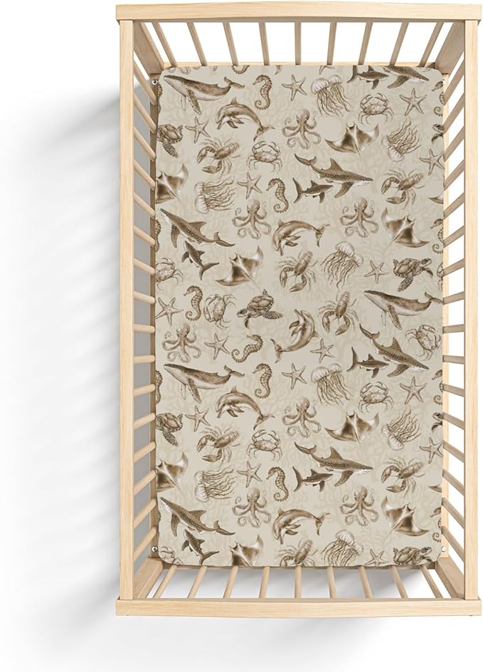 Retro Marine Animals Baby Crib Sheets Boy Girl 28"x52" Whale Dolphin Jellyfish Sea Horse Turtle Coral Soft Snug Fitted Crib Mattress Cover Ocean Animal Baby Sheet for Standard Crib & Toddler Mattress
