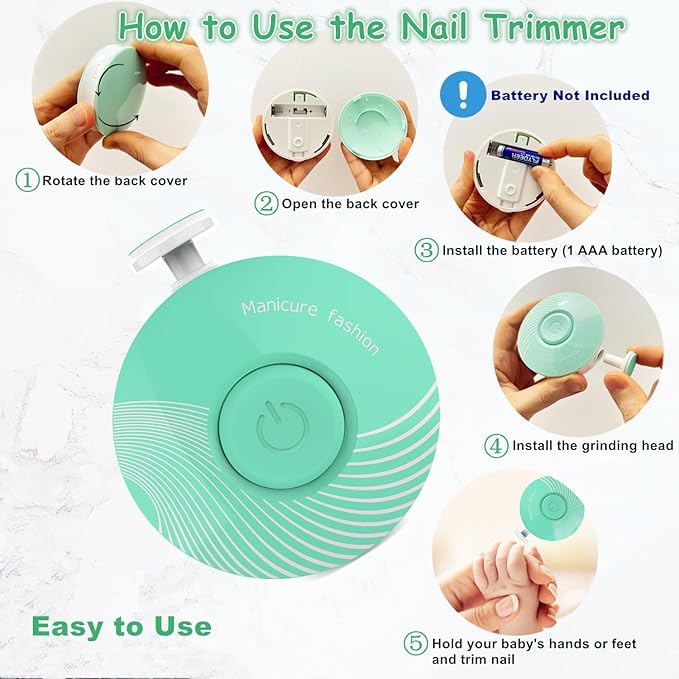 Electric Baby Nail Trimmer, Baby Nail File, Baby Nail Clippers, 6 Grinding Heads, Safe Quiet Baby Nail Grooming Care Kit for Newborn Infant Toddler Adult Battery Operated (Not Included)