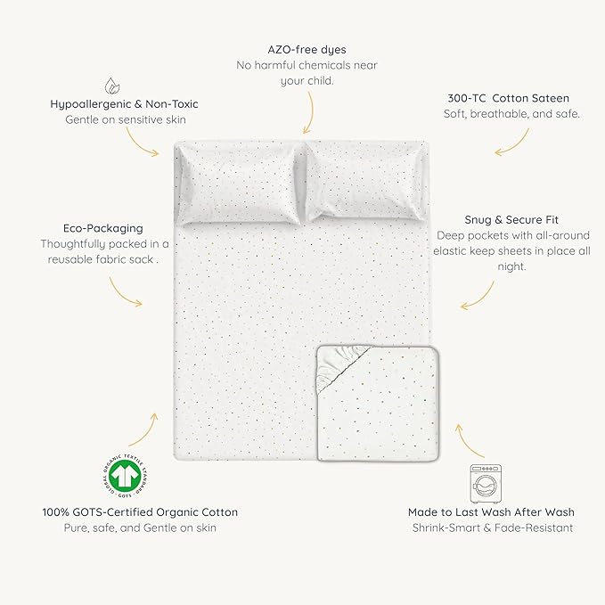 MakeMake Organics Organic Queen Fitted Sheet Set GOTS Certified Organic Cotton Fitted Sheet with Pillowcase Ultra Soft Non Toxic Breathable Colorful Dots Neutral Boys Girls (Queen, Dotty)
