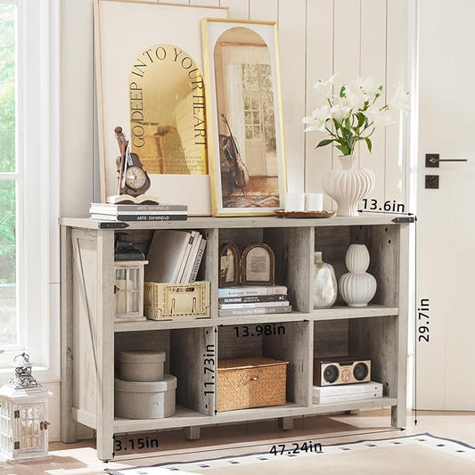 Joaxswe Farmhouse 6 Cube Bookshelf, Rustic Grey Oak Wooden Storage Organizer Book Shelf, 47 Inch Cubby Hallway Bookcase, Kids Toy Storage Cabinet, Modern Open Book Case for Living Room, Hallway