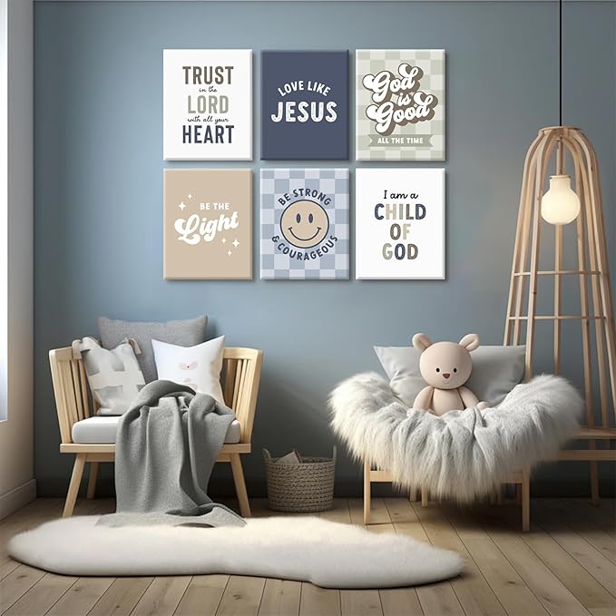 Bible Verses Wall Art Decor Christian Boy Nursery Canvas Wall Decor Boy Kids Room Posters Scriptures Religious Prints Modern Children Christian Pictures Artwork for Bedroom 8x10x6 Inch Wrapped Canvas