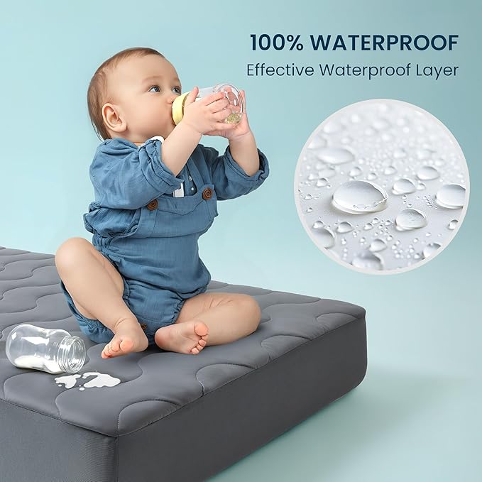 Sleep Zone Cooling Crib Mattress Protector Waterproof 2 Pack, Quilted Soft Toddler Mattress Pad, Breathable Baby Mattress Cover with Deep Pocket, Machine Washable Bed Topper (Dark Grey, 52 x 28)