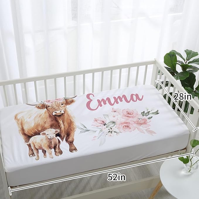 Personalized Baby Crib Bedding Set: 4 Piece Custom Gift Crib Bed Set with Name - Pink Highland Cow Design, Nursery Bedding Set for Baby Girls,Newborn Girls Crib Sets, Crib Bedding Shower Gifts