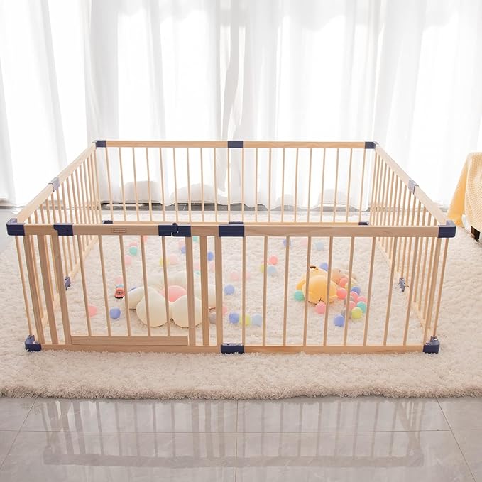 Wooden Baby Playpen Activity Center, Foldable Playpen for Babies and Toddlers, Large Baby Fence Play Area with Safety Gate for Indoor Use, Corrales para Bebes, Kids Safety, 63.00"x 70.90"x24"