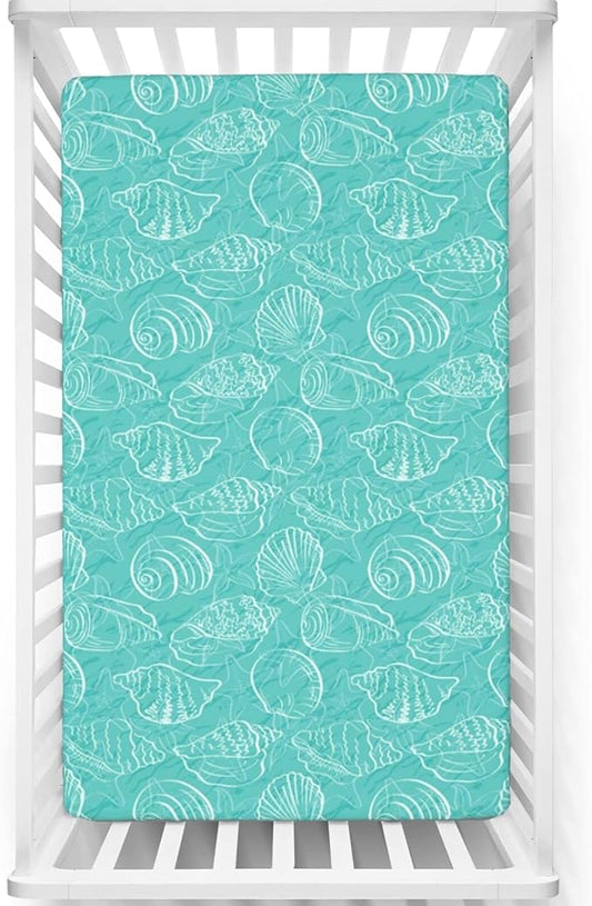 Sea Shells Themed Fitted Crib Sheet,Standard Crib Mattress Fitted Sheet Soft Toddler Mattress Sheet Fitted-Baby Crib Sheets for Girl or Boy,28“ x52“,Seafoam White