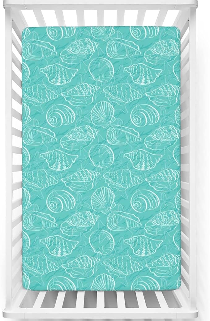 Sea Shells Themed Fitted Mini Crib Sheets,Portable Mini Crib Sheets Ultra Soft Material-Crib Mattress Sheet or Toddler Bed Sheet,24“ x38“,Seafoam White