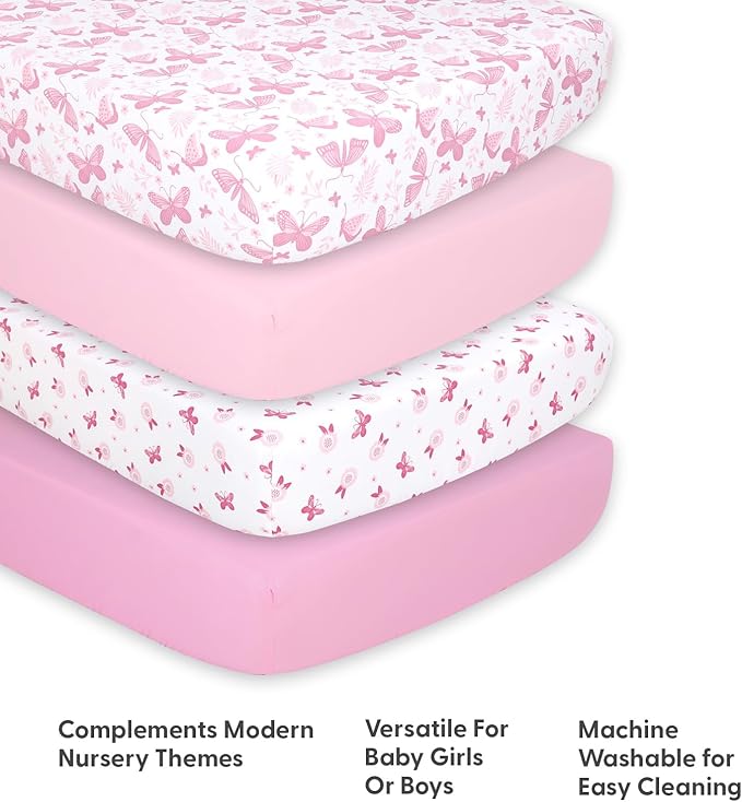 The Peanutshell 4-Pack Fitted Crib Sheet Set - Super Soft & Breathable Baby Girl Crib Sheets, Nursery Decor, Fit for Standard Mattress Cover- Butterfly