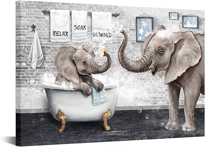 Artsbay Elephant Bathroom Wall Art Animal In Bathtub Pictures Funny Bathroom Canvas Prints Artwork For Kids Nursery Washroom 16x24inches