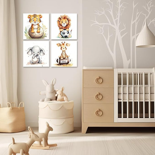 LYUNSHUO Nursery Wall Decor 4 Piece Cute Animal Canvas Print Wall Art for Boy's Girl's Room Decor Cartoon Artwork for Living Room Home Decor Gallery Wrapped(Art-1,20.00"x20.00"x4P)