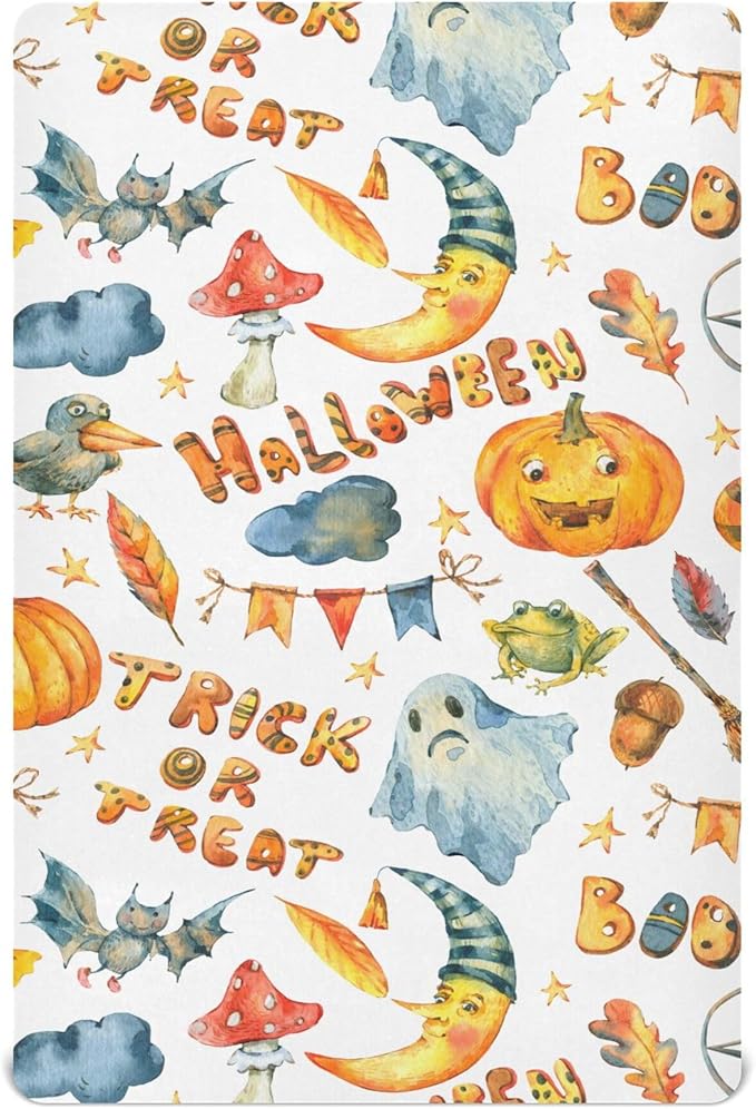 Watercolor Halloween Party Crib Sheets Soft Breathable Fitted Baby Crib Sheets Mattress Cover for Girl Boys, 52" x 28" x 9"