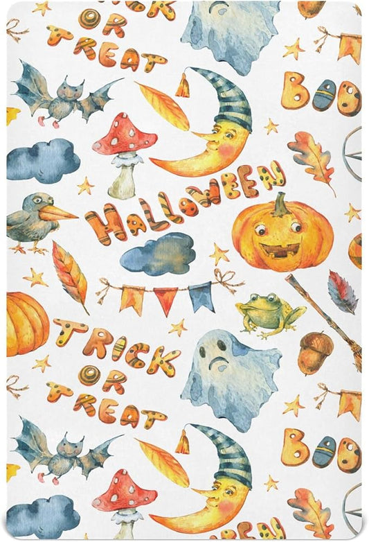 Watercolor Halloween Party Crib Sheets Soft Breathable Fitted Baby Crib Sheets Mattress Cover for Girl Boys, 52" x 28" x 9"