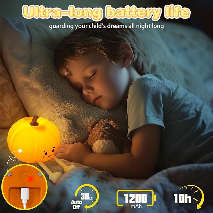 loatme Night Light for Kids, Rechargeable Dimmable Silicone LED Nightlight, Baby Nursery Night Lamp, Touch Squishy Lamp, Halloween Gifts for Girls, Boys, Toddler Room Decor, Pumpkin
