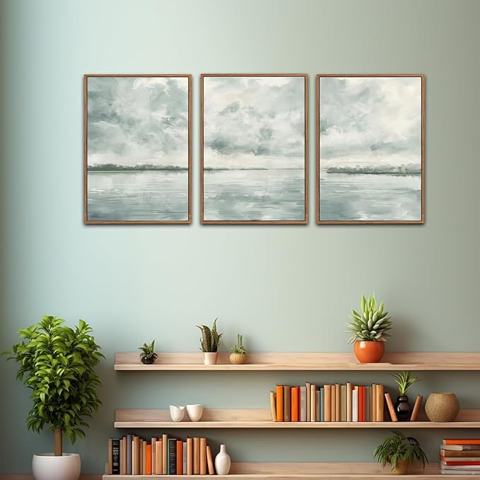 CHDITB Watercolor Sky Cloud Framed Canvas Wall Art Set, Pastel Shapes Illustrations Cloudy Wall Decor, Neutral Minimal Wall Painting, Blue Gray Ocean Art Prints For Living Room Bedroom Office Decor 16"x24"x3