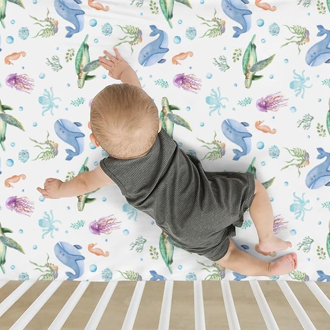 Pastel Sea Animals Baby Crib Sheets for Boy Girl 52x28In Sea Horse Turtle Whale Jellyfish Corals Soft Snug Fitted Crib Mattress Cover Ocean Marine Baby Sheet for Standard Crib & Toddler Bed Mattress