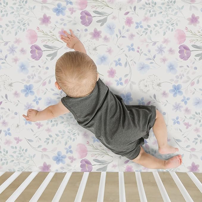 Whimsy Floral Watercolor Baby Crib Sheets for Boy Girl 28"x52" Pink Purple Wildflowers Soft Snug Fitted Crib Mattress Cover Boho Colorful Garden Flowers Baby Sheet for Crib & Toddler Bed Mattresses