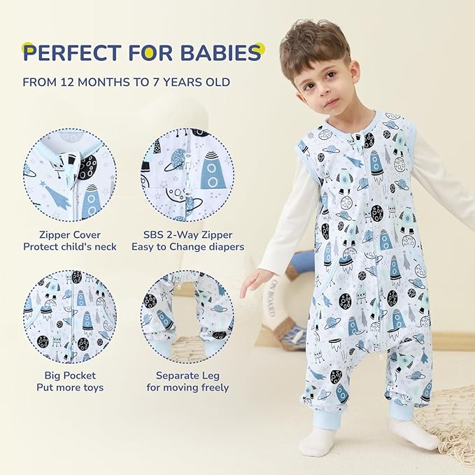 2 Pack Sleep Sack with Legs, Baby Wearable Blanket, 0.5 TOG Toddler Sleeping Sack with Feet Sleep Sacks (Planet, 12M-2T)