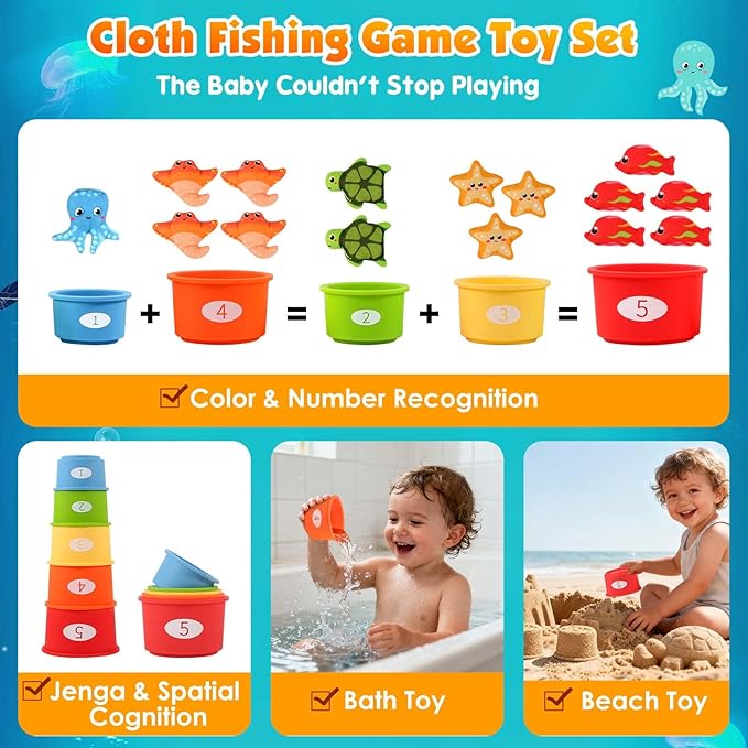 FREYBLI Montessori Toys for 1 Year Old Boy Girl Birthday Gifts - Toddler Fishing Game Toys with Stacking Cups, Mirror, Rattle - Educational Learning Sorting Toy for One Year Old Baby Boy Gifts
