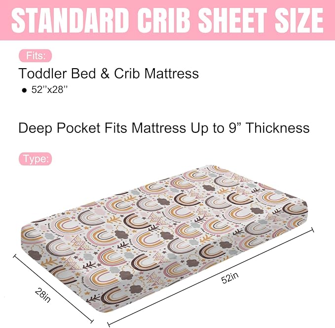 Colorful Boho Rainbow Baby Crib Sheet 52''x28'' Cute Rainbow Mountain Trees Clouds Stars Fitted Crib Mattress Cover for Boy Girl Soft Bed Sheet for Standard Size Crib and Toddler Mattresses