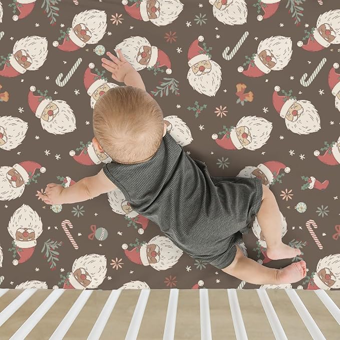 Vintage Christmas Santa Claus Baby Crib Sheets for Boy Girl 52"x28" Santa Stockings Candy Fir Cherry Soft Snug Fitted Crib Mattress Cover Winter Holiday Baby Sheet for Standard Crib & Toddler Mattress