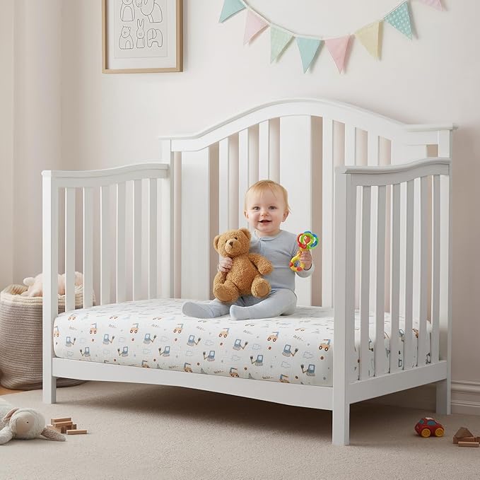 SiinvdaBZX 2 Pack Muslin Crib Sheets for Boys, Ultra Soft Cotton Breathable Fitted Baby Crib Mattress Sheets for 52"x28" Standard Toddler Mattress (2Pcs Construction Trucks)