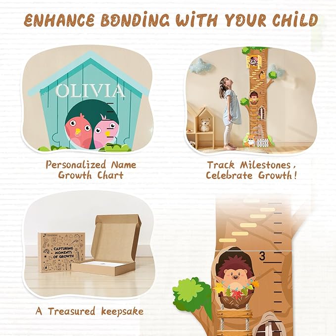 Woodemon Personalized Wooden Growth Chart, Tree House Animals Height Chart for Kids Room, Wood Kids Measuring Chart, Nursery Growth Chart Ruler Measuring Board for Boys Girls