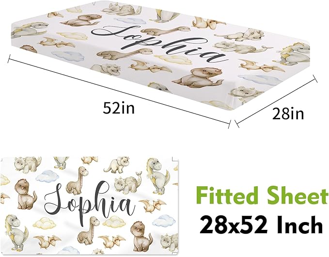 Personalized Crib Bedding Set with Name - 2 Piece Dinosaur Theme Baby Crib Set for Boys, Double Layer Blanket and Crib Sheet for Newborns, Toddlers Gifts