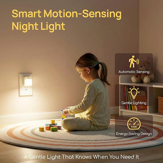 Plug-in Night Light with Motion Sensor, Dusk-to-Dawn Light Sensor, Stepless Dimming LED Night Lights for Bedroom, Hallway, Bathroom, Kids Room, Energy Efficient, 2-Pack