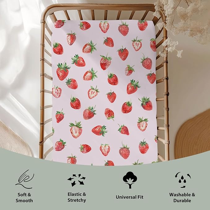 Red Strawberries Baby Crib Sheets for Boy Girl 52x28Inch Watercolor Strawberries Fruit Soft Snug Fitted Crib Mattress Cover Sweet Summer Pink Baby Sheet for Standard Crib and Toddler Bed Mattress