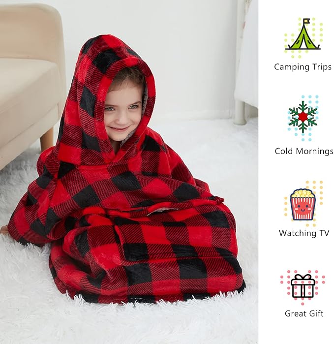 KFUBUO Wearable Blanket Hoodie for Kids Toddlers Sherpa Blanket Sweatshirt With Pocket Cute Hoodies 2-6 Year Old Girl Boy Red Plaid