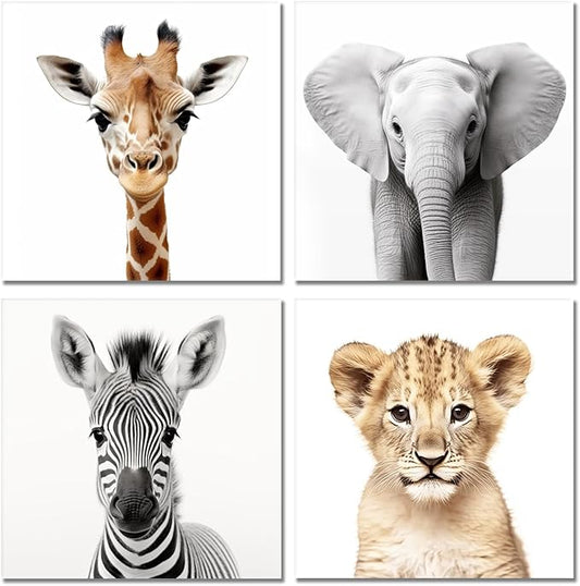 Kids Wall Art Cute Safari Animals Painting Picture for Nursery Children's Room Kids Bedroom Wall Decor Poster Giraffe/Lion/Elephant/Zebra Artwrok Framed,Set of 4